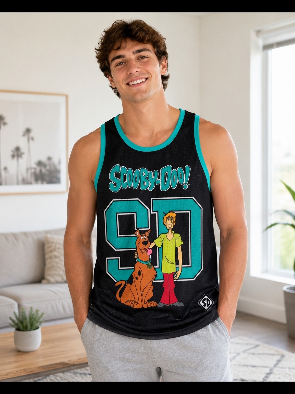 Scooby-Doo Shaggy Throwback Basketball Jersey Tank Black Teal Men's L NWT